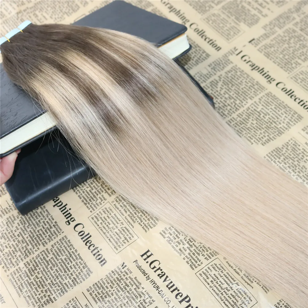 Omber Tape in Hair Extensions #4 Fading to #18 Dip Dyed Glue in Remy Human Hair Extensions Balayage Tape on Extensions /100g