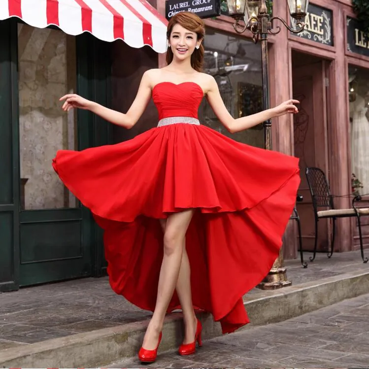 Red Custom Made Graceful High Quality Hi-Lo Bridesmaid Dresses Chiffon Maid of the Honor Lace-up Back Wedding Guest Dress