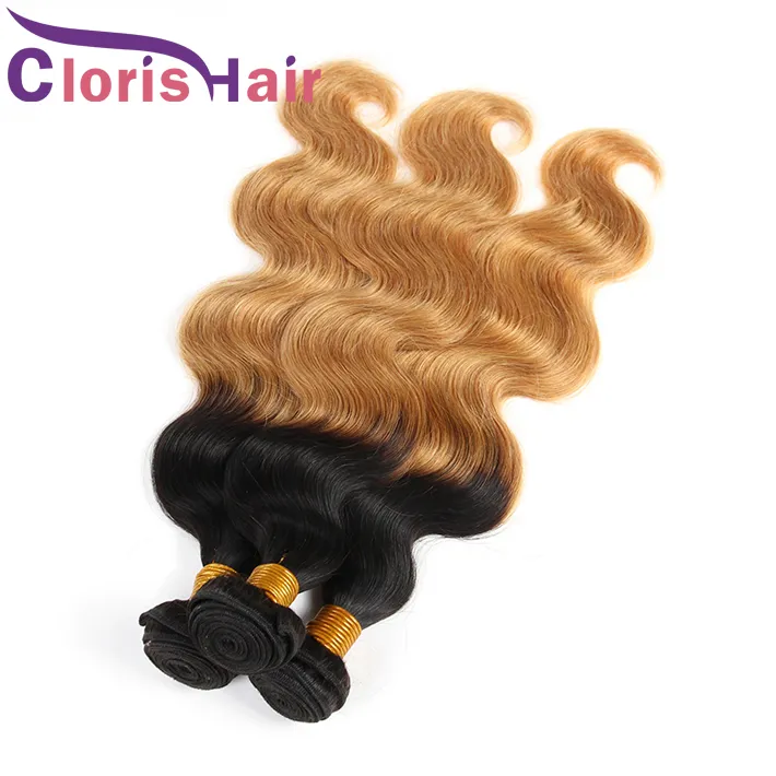 MINK Brasilianska Malaysiska Virgin Blonde Ombre Bundlar 1B 27 Kroppsvåg Hår Vävar Mörka Rötter Honey Blonde Human Hair Extensions 