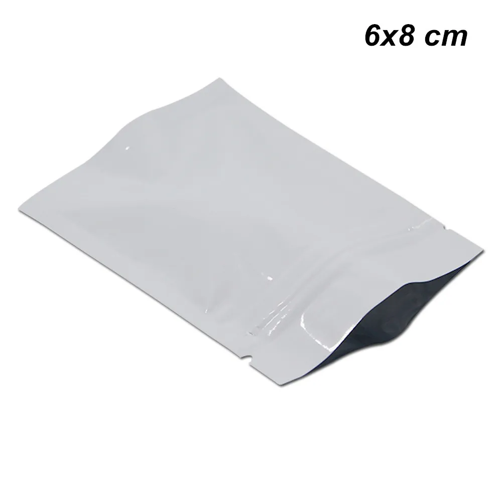 100pcs blanc 6x8 cm Mylar Zipper alimentaire sacs de stockage de qualité avec encoche en feuille d'aluminium thermoscellage pour les épices Packets échantillons Snack