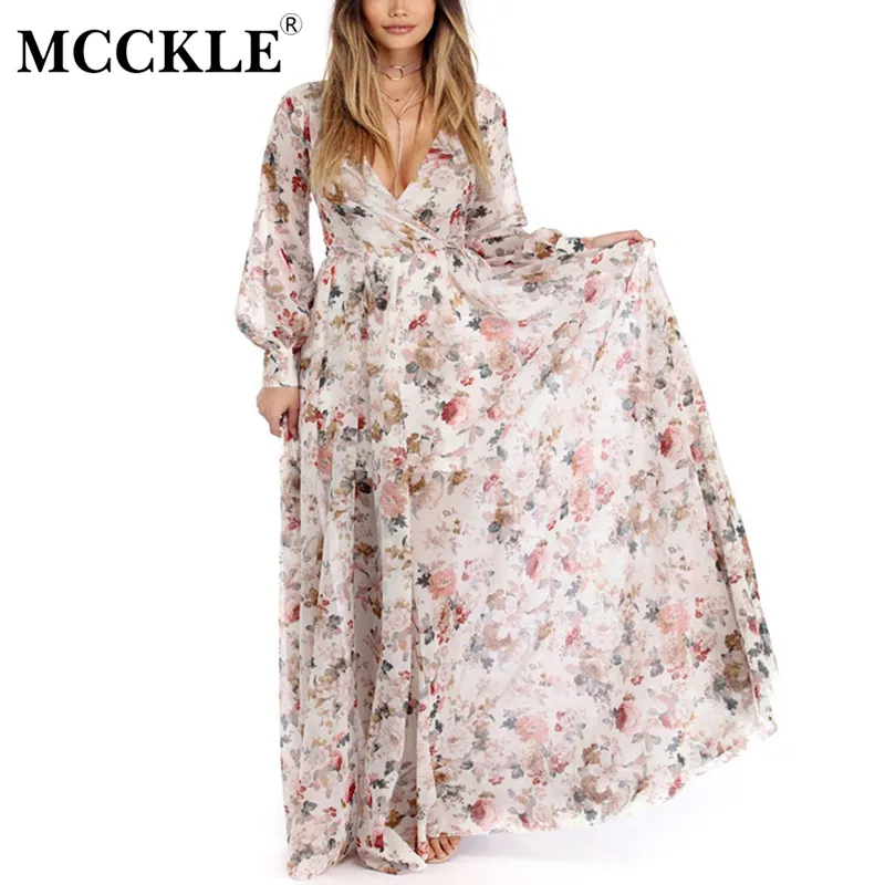 McCkle Women Floral Print Bohemia Beach Long Sukienka wiosna lato plus size szyfonowy maxi sukienka z długim rękawem 4 kolory sukienki kobiety