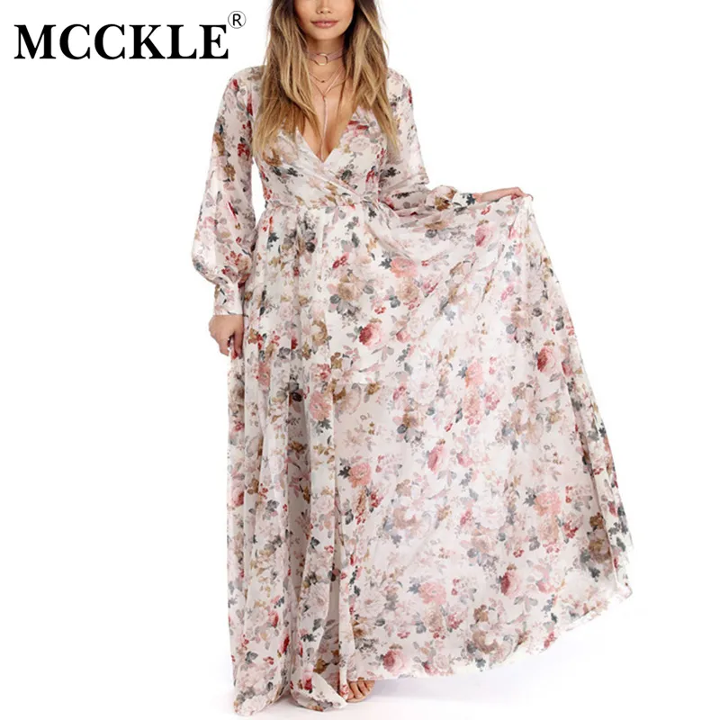 MCCKLE, vestido largo de playa bohemio con estampado Floral para mujer, vestido Maxi de chifón de talla grande para primavera y verano, vestidos de manga larga en 4 colores para mujer