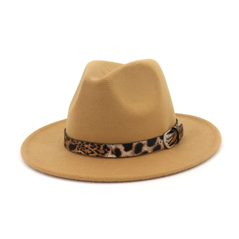 Unisex platt ull kände bred rand jazz fedora hatt för män kvinnor leopard korn läder dekorerade vanliga feldiga ull vulkan hattar