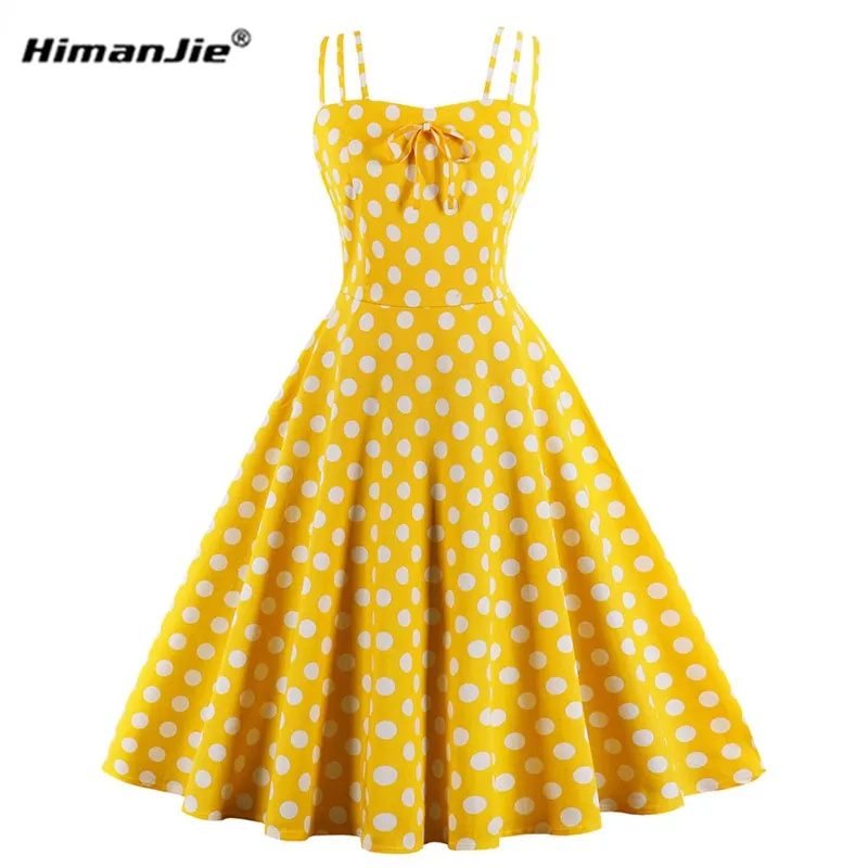 Sommar Kvinnor Hepburn Klänningar Gula Retro Cotton Robe Vintage Klänningar 50s 60s Rockabilly Pin Up Polka Dot Swing