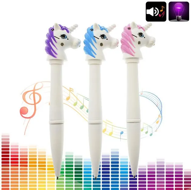 Creative Kawaii Unicorn Ballpoint Pen Multifunktion Elektronisk Röstljus Roller Boll Pennor För Kids Present Kontorsskola Tillbehör