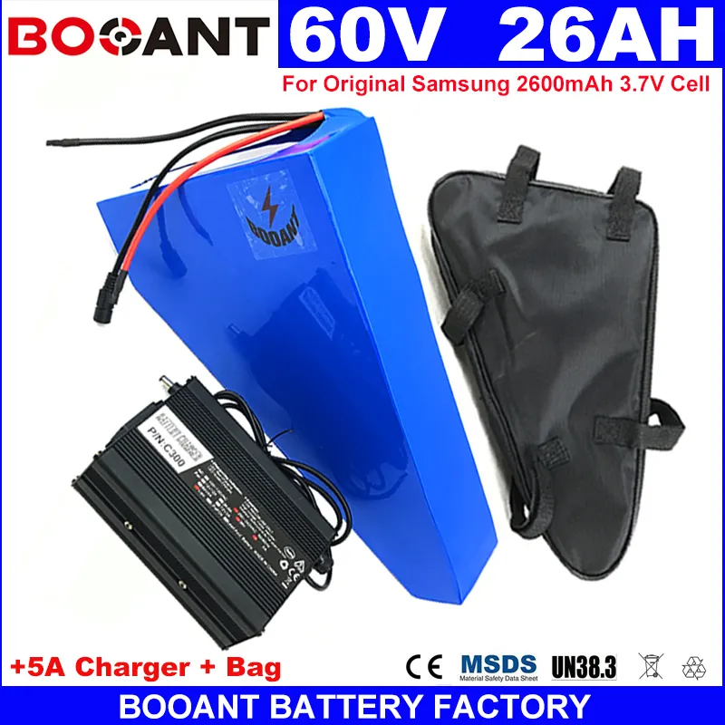 5A充電器の充電器が付いているボファン1500Wモーターのための16S 60V電気バイクのリチウム電池のパック60V 26ahの電子バイクの三角形のバッテリー