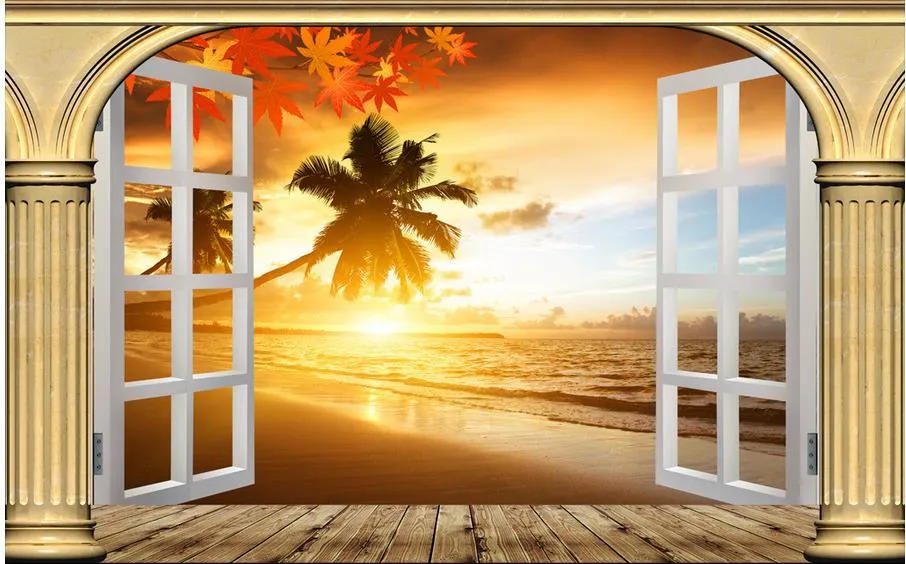 Individuelles Wandbild, moderne Kunst, Malerei, hochwertige Wandtapete, Original römische Säule, weißes Fenster, Sonnenuntergang, Strand, Meerblick, 3D-Hintergrund, wa