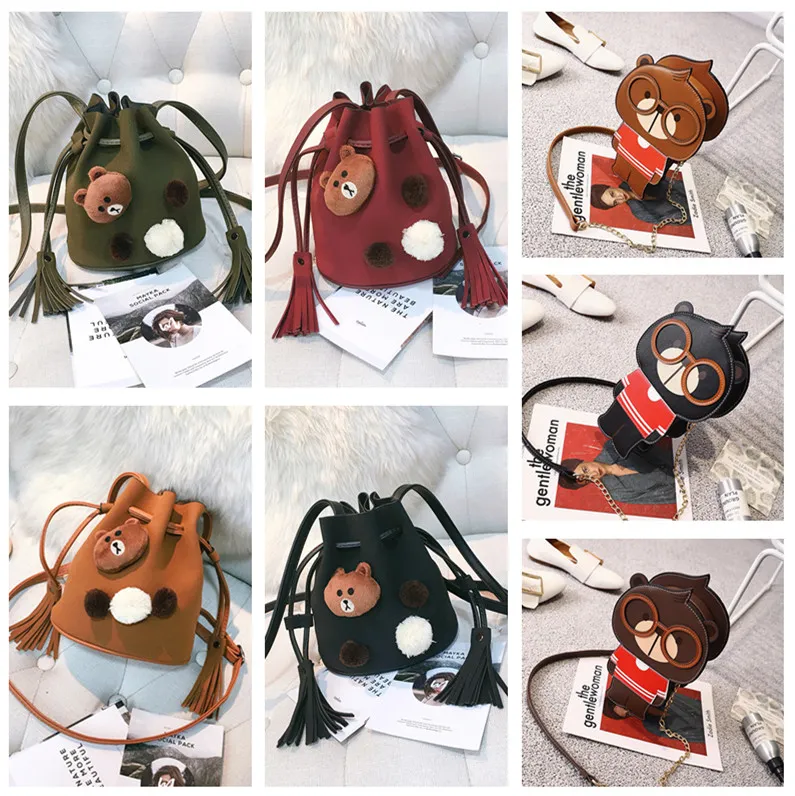 2018 Nieuwste Kids Handtassen Mode Koreaanse malen Arenaceous Emmer en Cartoon Squirrel Schoudertassen Kinderen Cross-body Tassen Meisjes Portemonnee