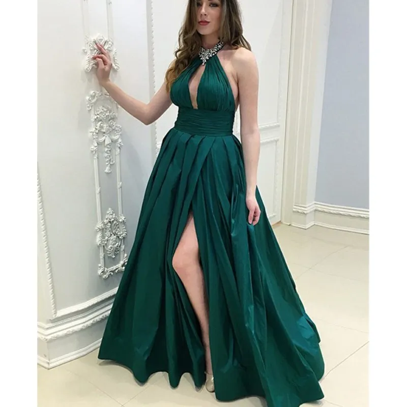 2018 Dark Green Long Evening Dress HalterNeck Keyhole Backless High Split Beaded Taffeta Formal Prom Gown Custom Made Special Occasion Dress