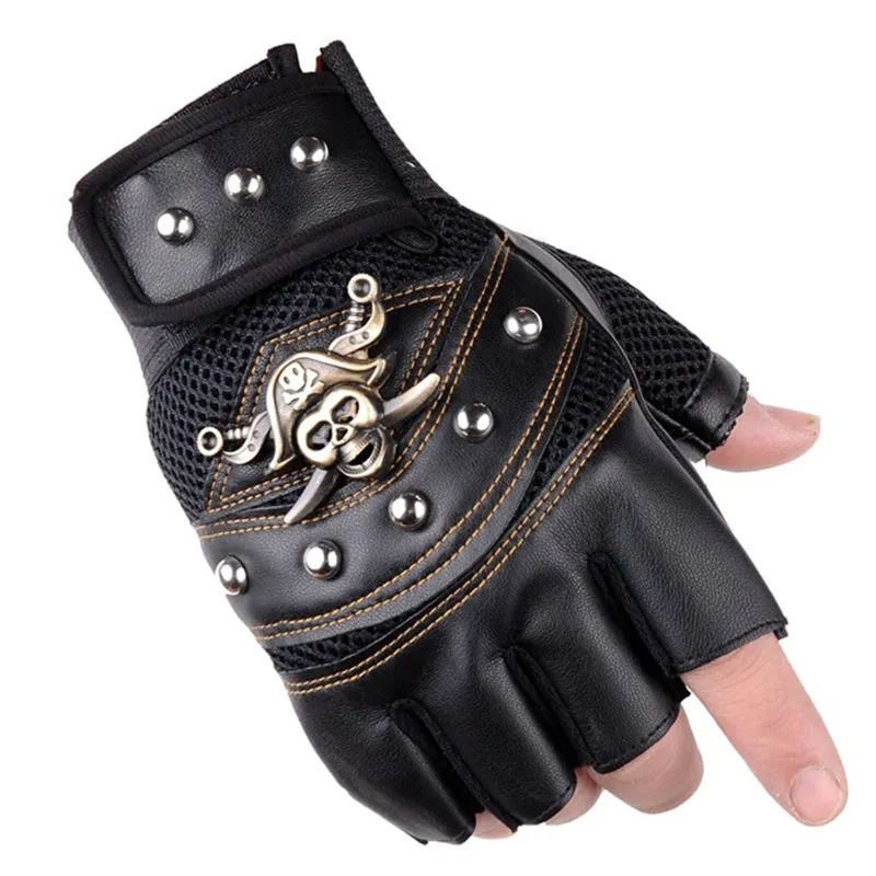 Guantes sin dedos de cuero de PU de capitán pirata para hombre y mujer, manoplas con remaches de calaveras, guantes de gimnasio de Hip Hop, Moto femenina, medio dedo para hombre