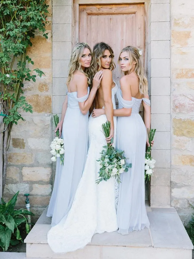 Sky Blue Off Shoulder Draped Pale Blue Bridesmaid Dresses Bohemian Beach Wedding Party Guest Gown HY271 From Werbowy 107.64 DHgate.Com
