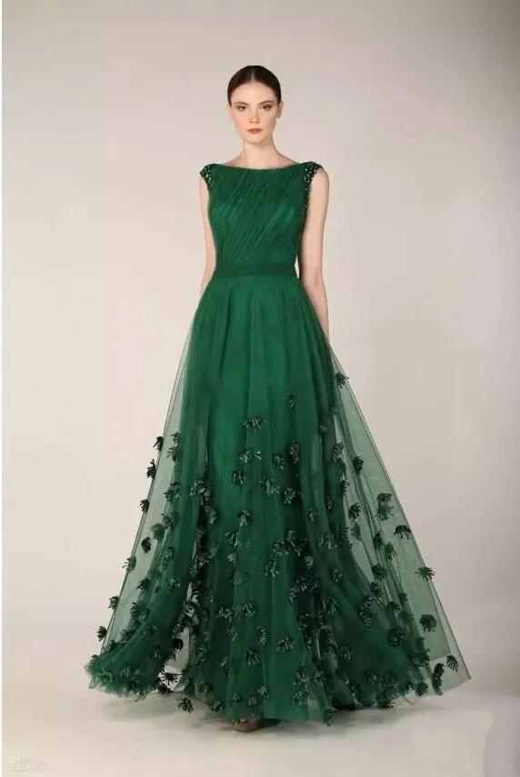 Zuhair Murad 2020 Aftonklänningar Emerald Green Cap Sleeve Prom -klänningar Kvinnor Anpassade spetsapplikationer Specialtillfällen klänning189a