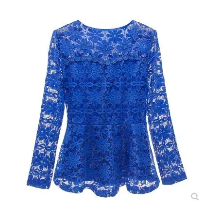 2018 våren höst ny design kvinnors mode o-nacke långärmad spets ihålig ut blommig sexig smal midja ruffles peplum blus skjorta toppar 4xl