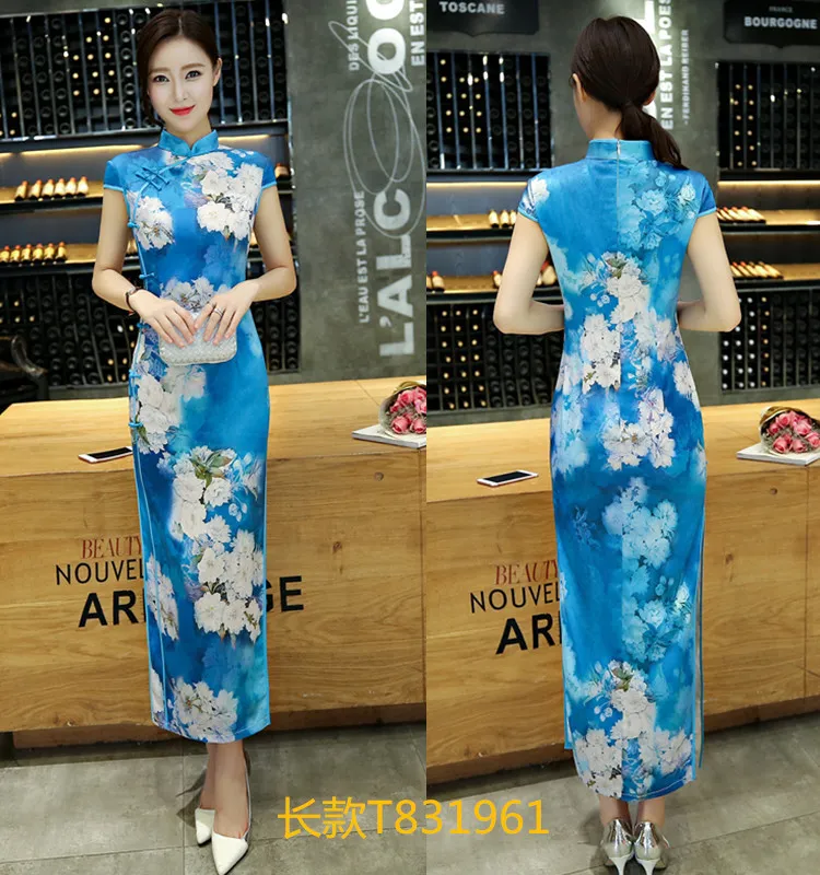 2020 impresso tradicional chinesa Cheongsams Longo baratos Bainha Dividir alta Neck Verão Mulheres Cheongsam formal Vestidos Vintage