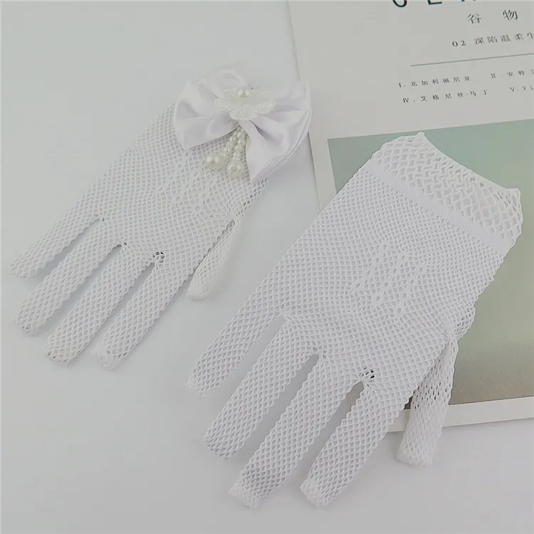 Weiße Top-Qualität Blumen-Firl-Handschuhe, handgelenklang, hübsche Blume, handgefertigt, modische Mädchen-Party-Handschuhe, Hochzeit, Braut-Accessoire