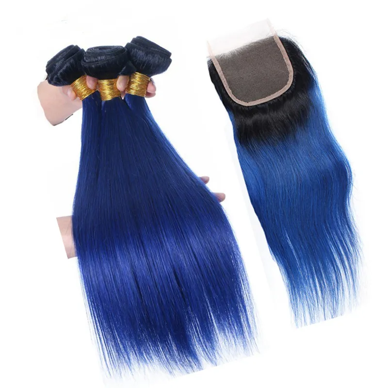 Fasci di capelli vergini blu ombre peruviani con chiusura in pizzo 1B blu ombre capelli umani tesse con chiusura superiore 4 pezzi lotto5243037