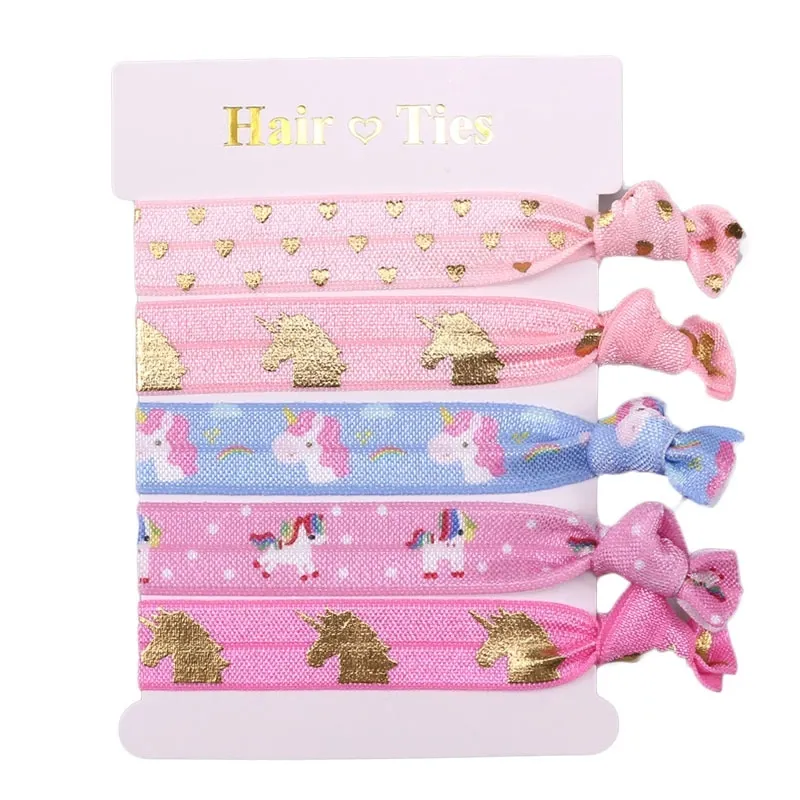 55pieces = 11Cards Glitter Unicorn Hair Slips Elastiska Tjejer Hårband Knot Foe Hair Ring Rope Girls Ponytailhållare