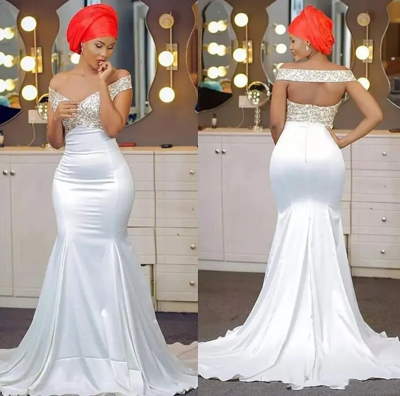 Aso Ebi sirène robes de soirée pas cher de l'épaule satin creux dos sexy robe de bal africaine robes de soirée formelles femmes portent plus la taille