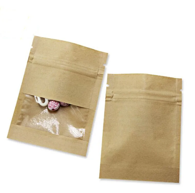 7X9cm pequeno Thicken Branco Brown Kraft Paper Bag com zíper bolsa com Limpar janela para o chá de café Snacks Doce Armazenamento de Alimentos