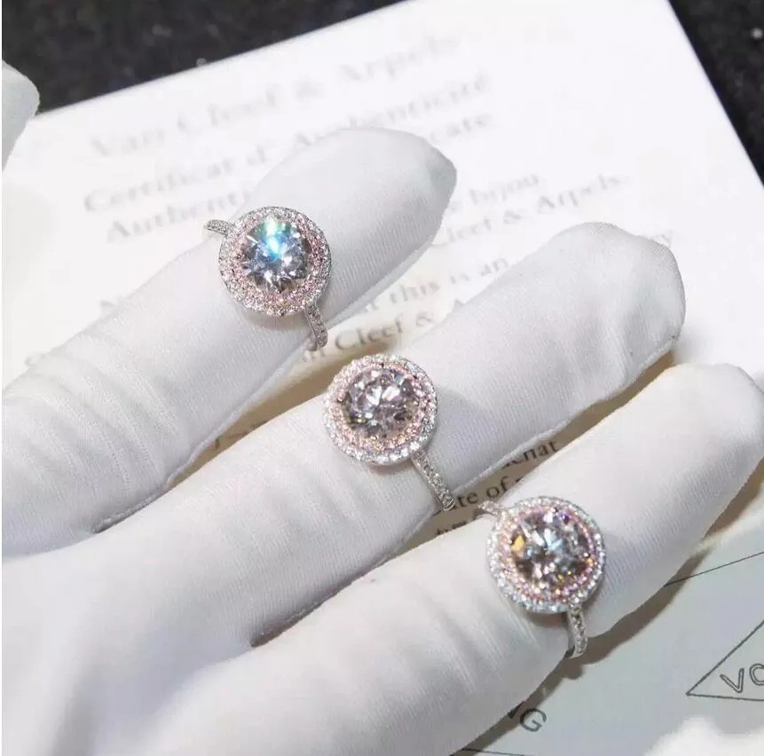 Christams Prezent Gorąca Sprzedaż Oszałamiająco Luksusowa Biżuteria 925 Sterling Silver Color PinkWhite Sapphire CZ Diament Round Cut Women Wedding Band Ring