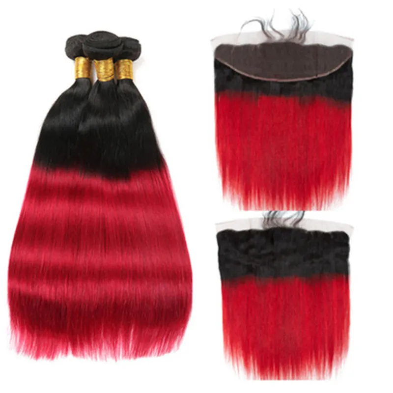 Bundles de cheveux vierges brésiliens raides # 1B / rouge ombré avec tissage de cheveux humains rouges ombrés à racines foncées frontales avec fermeture frontale en dentelle 13x4