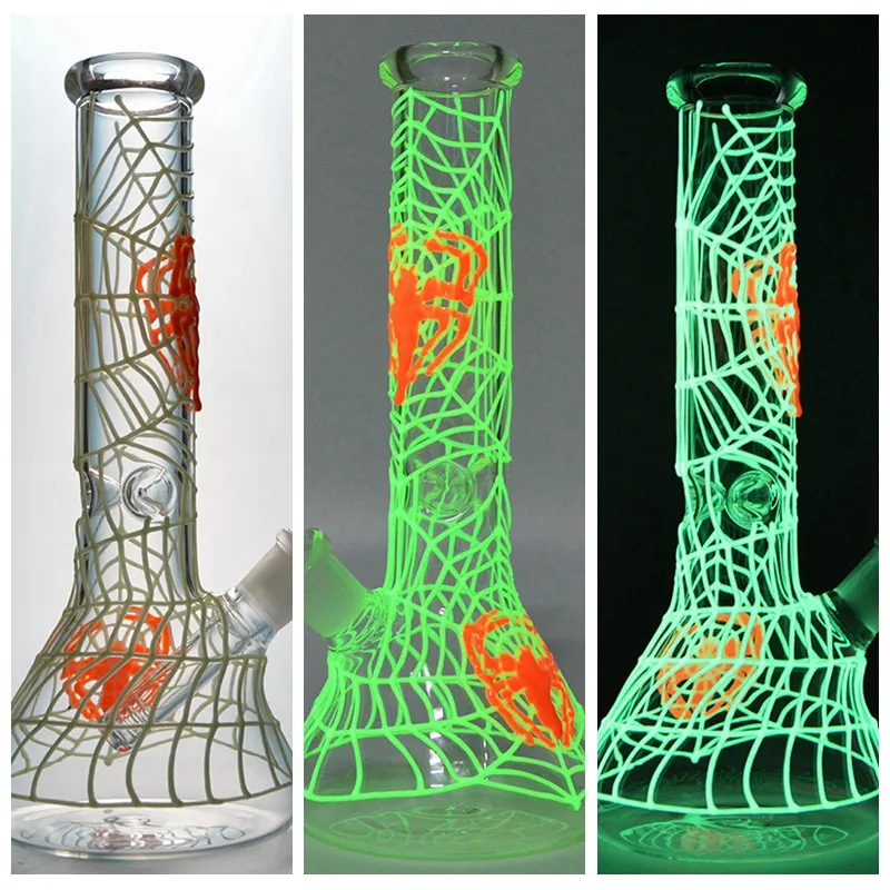 Spider Web Beaker Bong Glow i den mörka glasvattnet Bong 5mm Tjock DAB-riggen med diffused downstems glasvattenrör