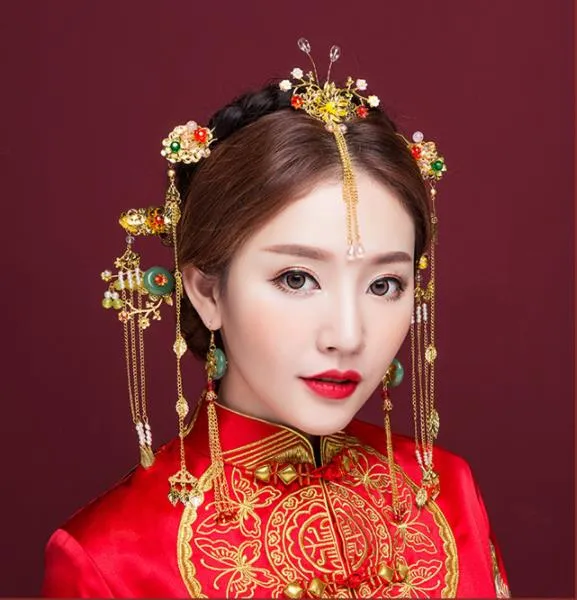 Brudhuvudbonader, kinesisk Phoenix Crown Wedding Dress Suit