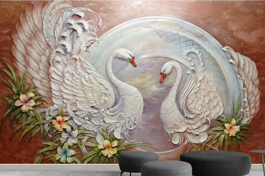 Européen en relief cygne fleurs papier peint pour chambre murs salon papiers peints décor à la maison 3D