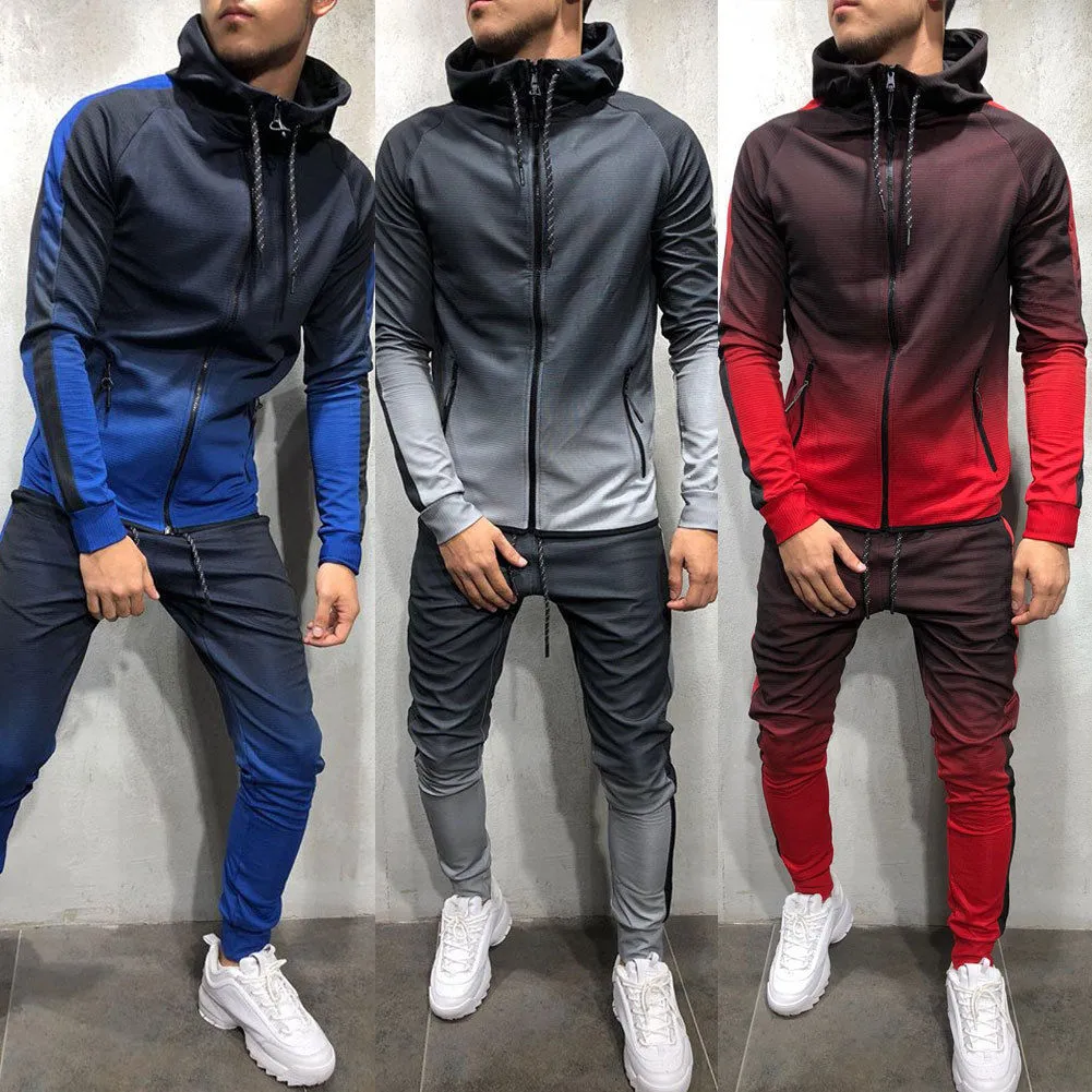 Mens Trainingspak Set Gradiënt Zip Up Hoodie Top Bottoms Jogging Joggers Gym Whats Slim Fit Nieuwste Stijl