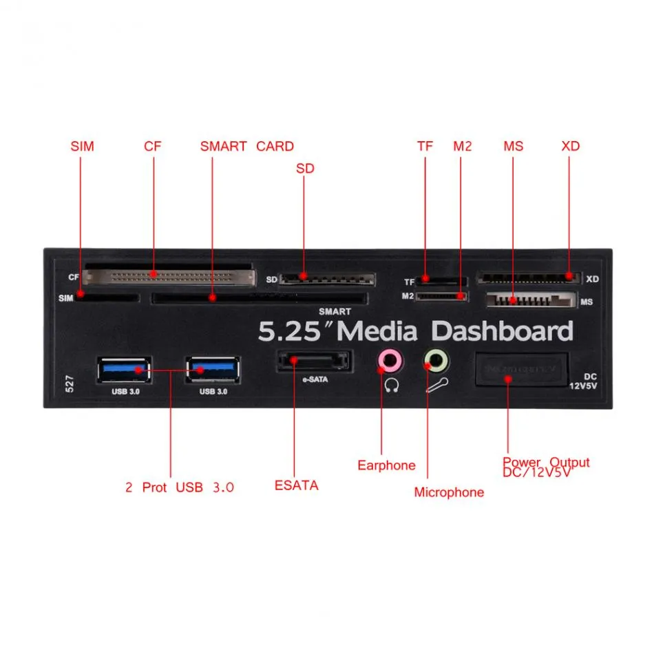 Freeshipping 5.25INCH PC Multifunktionsmedia Dashboard USB3.0 E-SATA Audio SIM / Smart Multi Card Reader för datorfall Optisk Drives Bay