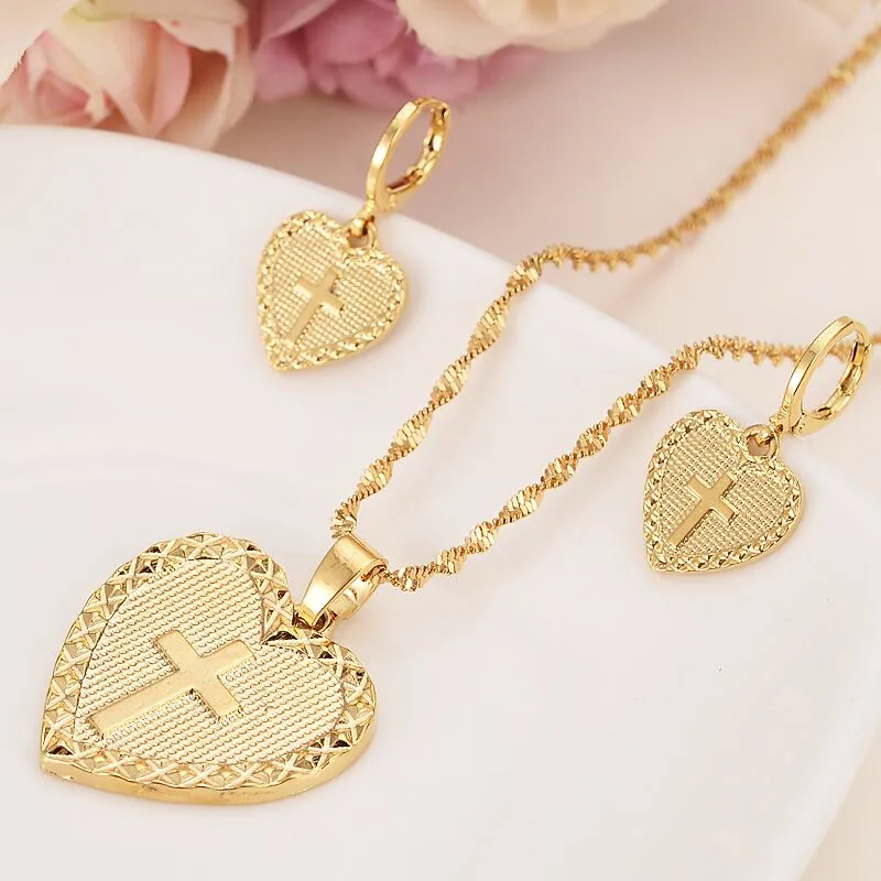 Heart Cross Smycken Satser Klassiska Halsband Örhängen Set 14 K Gul Solid Gold GF Afrika Bröllop Brudens Dowry