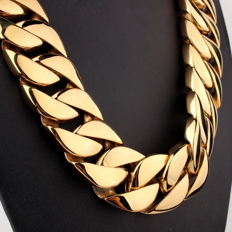 31mm Super Heavy Thick Punk 316L Stainless Steel Mens Gold Chain Tone Flat Round Curb cuban Necklace Whole Jewelry233b