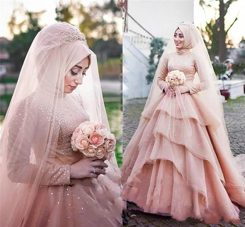 Luksusowe Mulsim Pink Suknie ślubne z długim rękawem Tiers Cekiny Arabski Kraj Train Plus Size Vestido de Noiva Suknia Bridal Ball Dla Bride