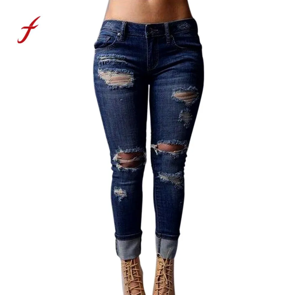 Feitong 2017 Frauen Skinny Jeans Zerrissene Löcher Denim Hosen Hohe Taille Stretch Schlank Zerstört Knie Bleistift Jeans Weibliche Hose