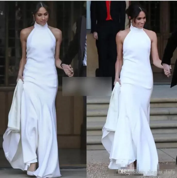 Elegantes vestidos de novia blancos de sirena 2018 Prince Harry Meghan Markle Vestidos de fiesta de boda Halter Vestido de recibo de boda de satén suave BC0160