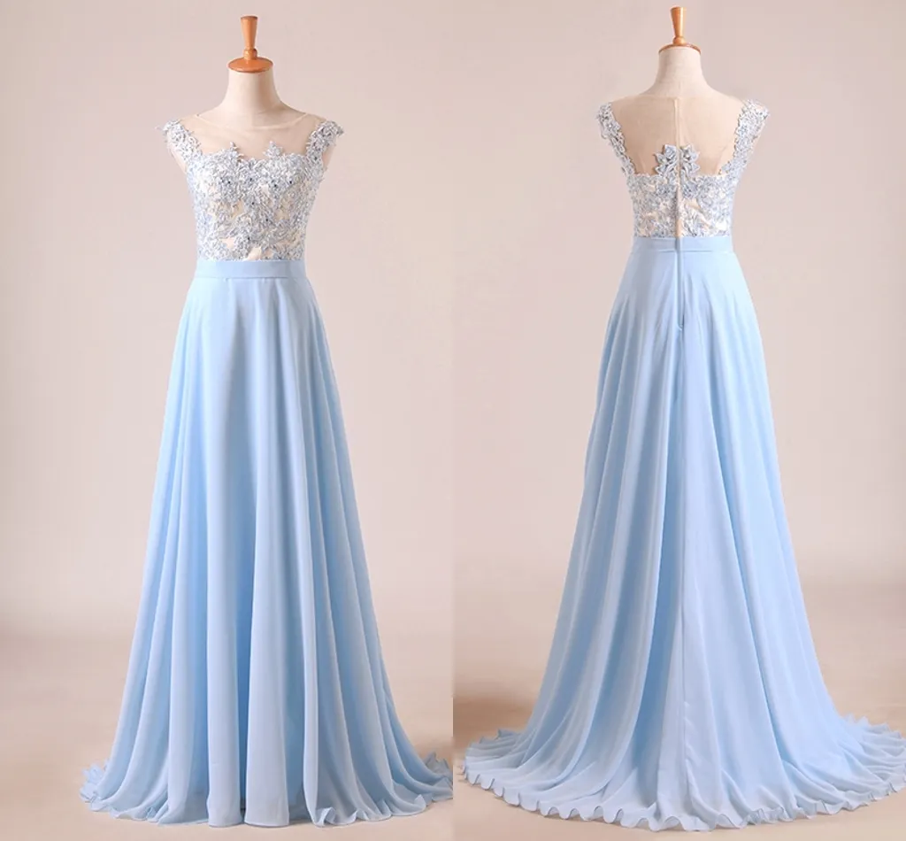 Elegant Light Sky Blue Prom Dresses Sheer Neck Cap ärmar Appliced ​​Chiffon Golvlängd Formella klänningar Modest Evening Party -klänningar Dh4099