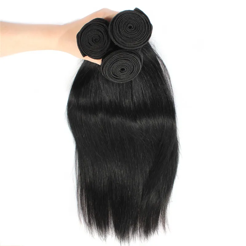 Feixes de Cabelo Humano Em Linha Reta Brasileira Com Fechamento Cabelo Humano Preto Natural 3 Pacotes com Fecho de Renda