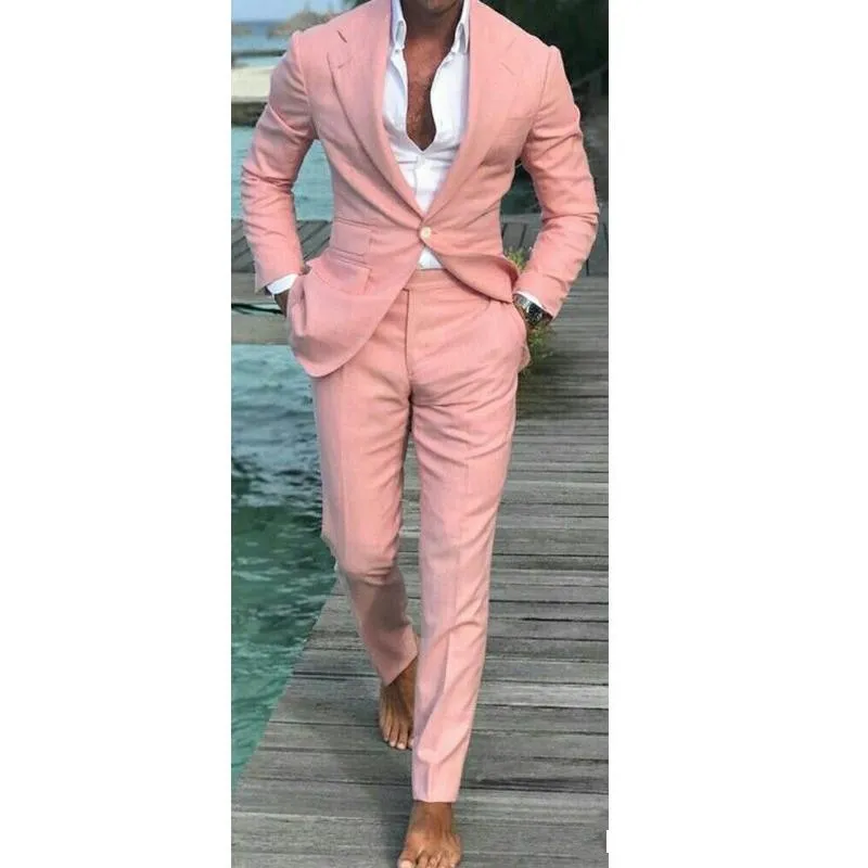 Pink Notch Lapel Men's Wedding mens Pink suit - Handsome Groom Tuxedo with Slin Fit, 2 Piece Set (Jacket, Pants, Tie) - Style 1143