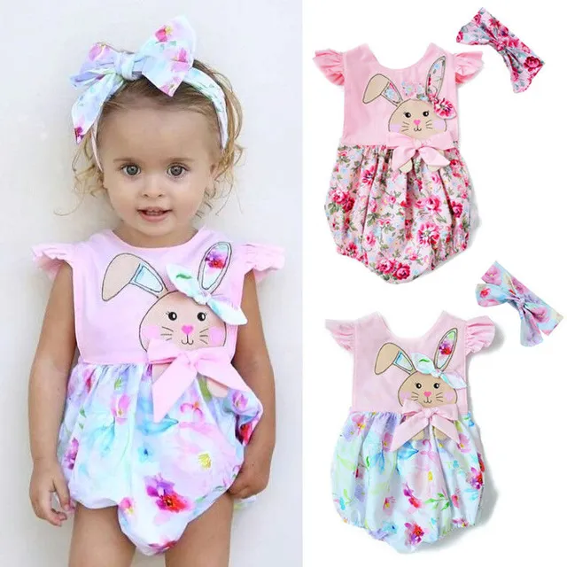 Pâques nouveau-né bébé fille vêtements Floral lapin lapins imprimer barboteuse avec bandeau 2 pièces bébé filles vêtements infantile enfants vêtements Boutique