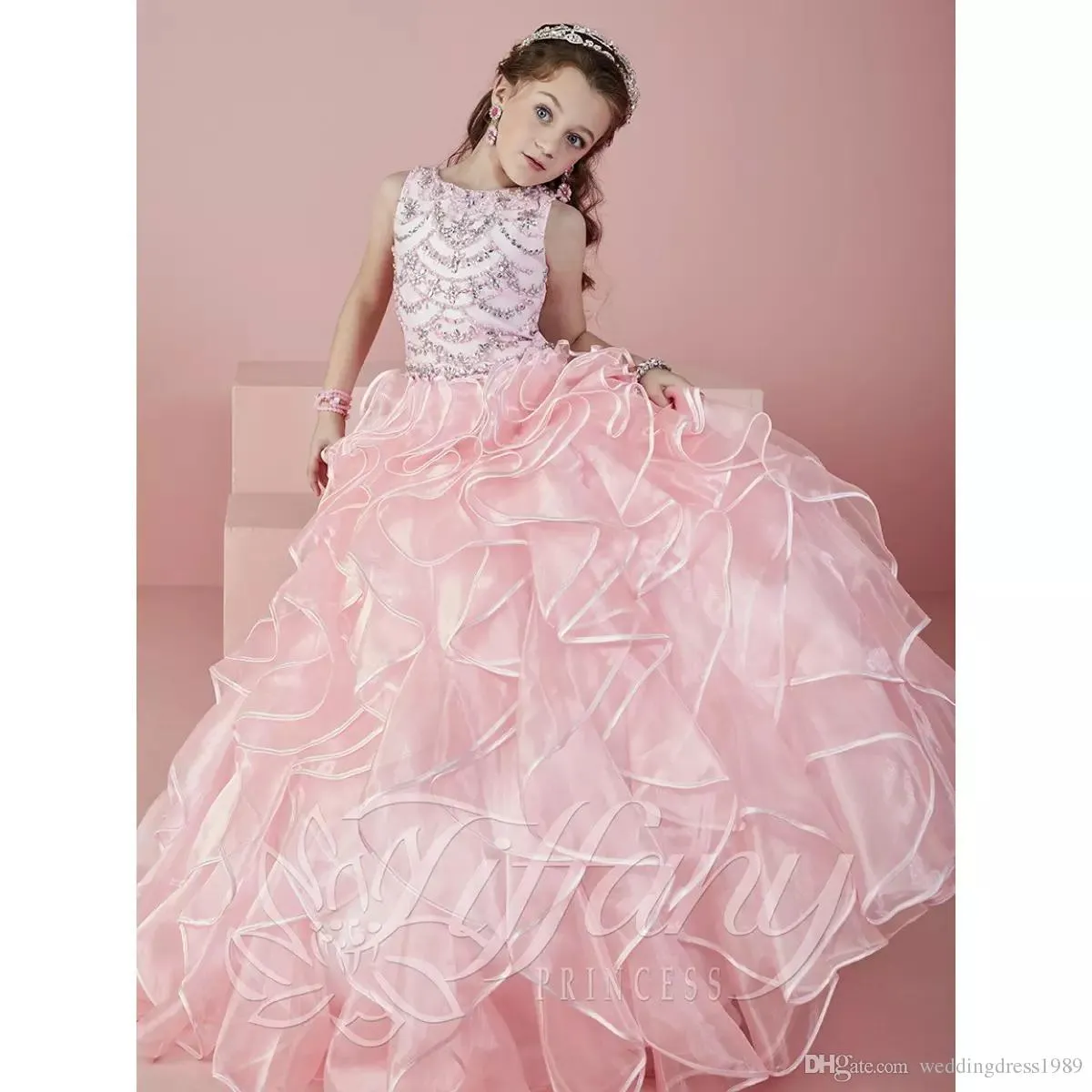 Princess Beads Crystal Ruffles Pink Flower Girls Dress para la boda Long Girls Vestido del desfile Organza First Communion Dress Girls Party Gowns