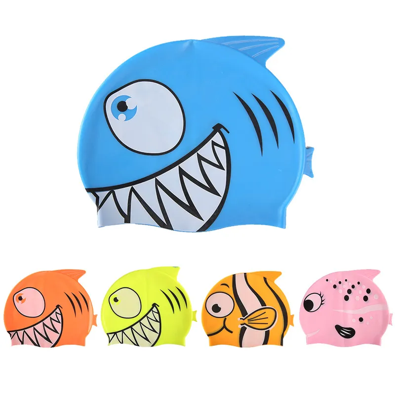 2018 nouveau bonnet de bain pour enfants dessin animé poisson silicone étanche protéger oreille requin forme piscine chapeau enfants casquettes