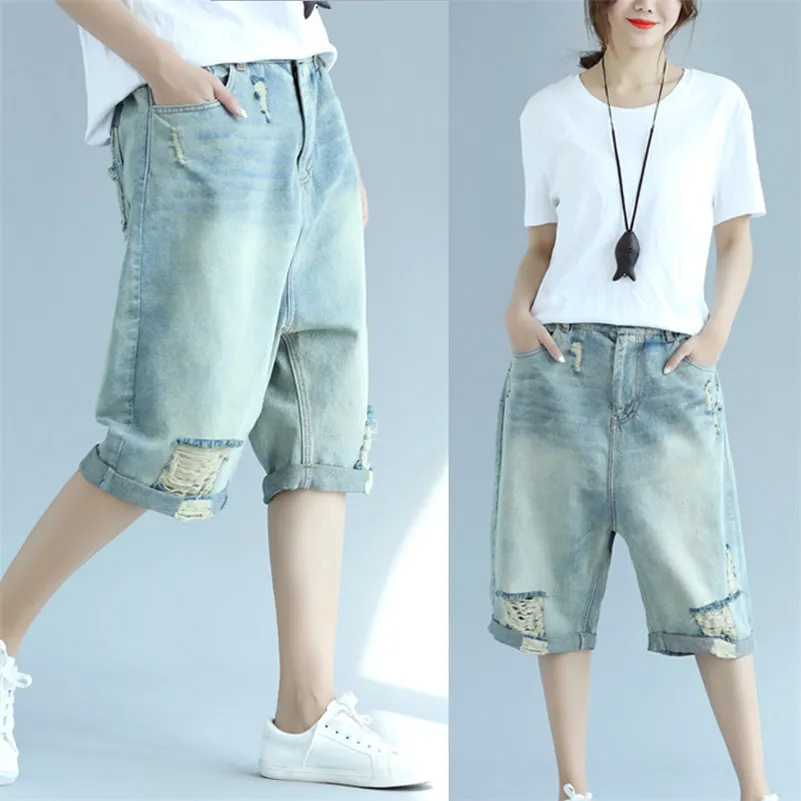 Womens Baggy Jeans Shorts Comfy Denim Ripped Frayed Hem Blue Wash Elastic Waist Summer 2024 From Longmian 26.11 DHgate.Com
