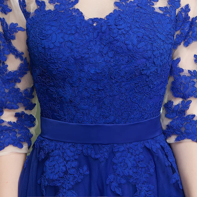 Elegant Blue Mother of the Bride Dresses Long Evening Dress Scoop Sheer with Floral Lace Half Sleeves Floor Length Prom Gowns