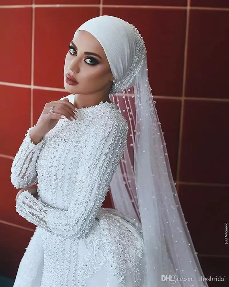 Luxe met lange mouwen zeemeermin trouwjurken met oversokken juweel nek moslim bruidstoga Dubai Arab Vestidos plus size