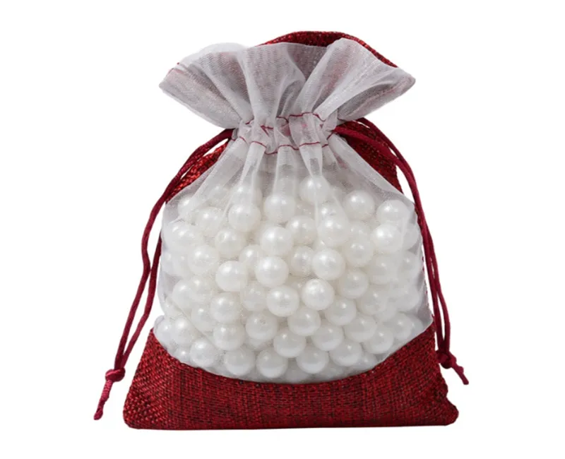 200PCS / Parti 11 * 16cm röd burlap väska med klart PVC fönster smycken pärlor dragsko påse bröllopsgåvor