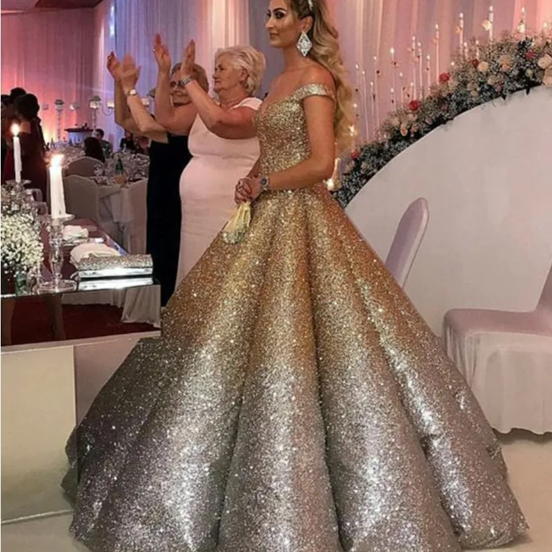Gold Sequined Off-the-Shoulder Sleeveless Ball Gown Prom Dress with Zipper  Back and Built-in Bra from Dhgate Prom Dresses - price 235.46