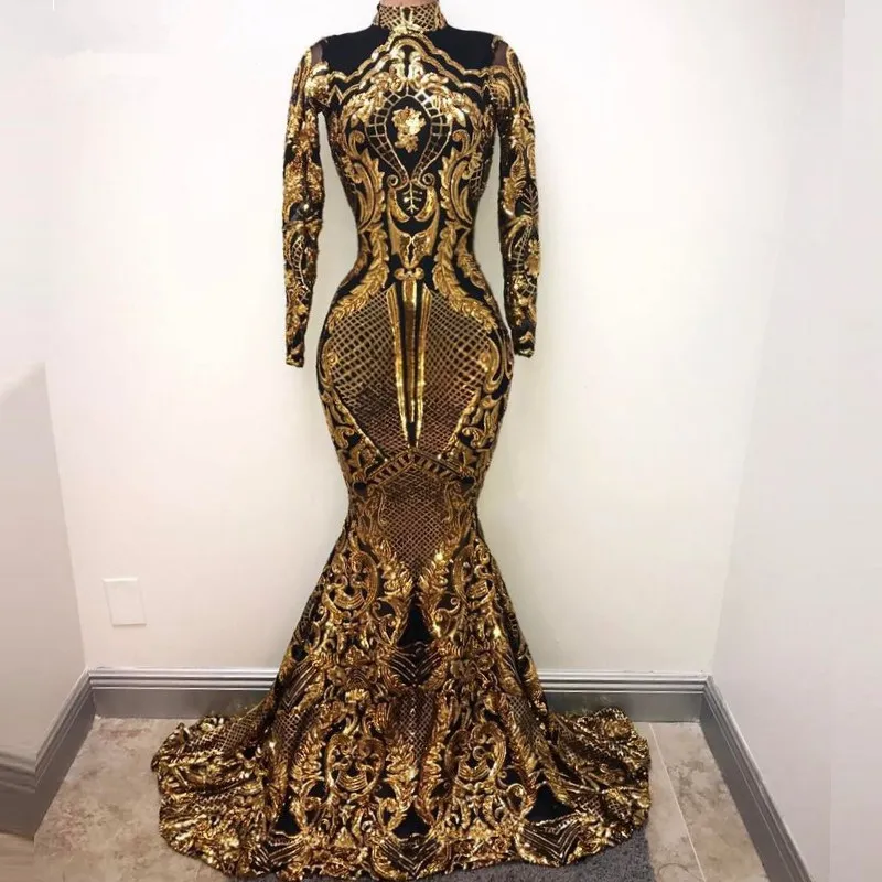 Abiti da sera a maniche lunghe in oro e nero sechizzato 2018 lunghezza del pavimento Abiti da festa lungo per le donne Prom Gowns