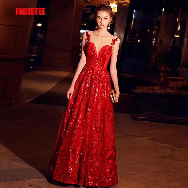 FADISTEE2021 Nuovo arrivo elegante festa da sera abiti da ballo Vestido de Festa abito a sirena Robe De Soiree maniche rosso bling paillettes A-line