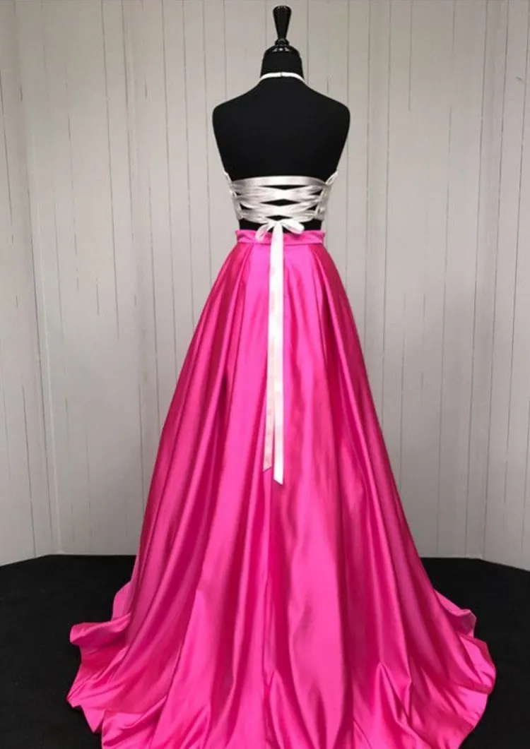 100% riktig bild! Två bit prom klänningar halter satin korsett spets upp backless examen klänningar vit rosa homecoming klänning
