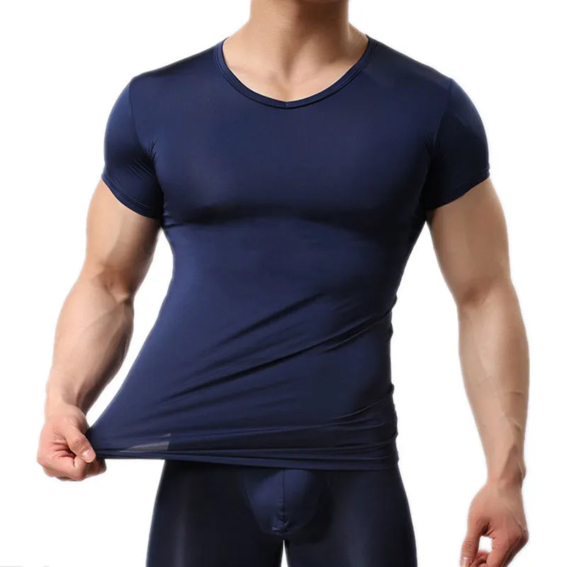 Snygg Mäns Ultra Tunn T-shirt V-Neck Undershirt Kortärmad Muscle Vest Toppar Män Bodybuilding Girdles Slimming Body Shaper